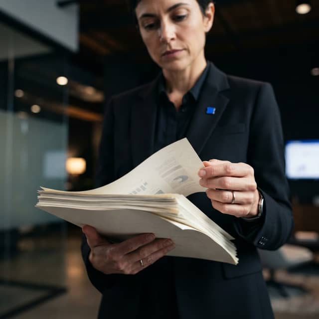 Professional executive reviewing strategy documents with blue lapel pin