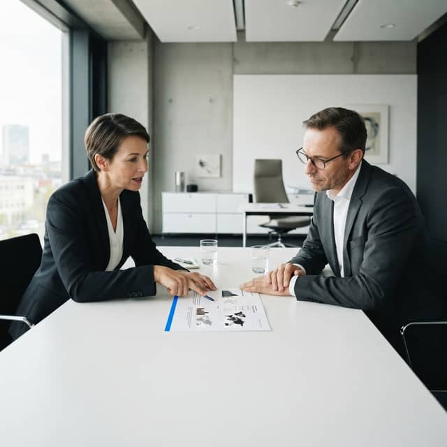Two business professionals analyzing strategy in a minimalist office