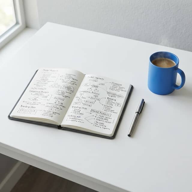 Clean desk setup with strategic notes and blue mug