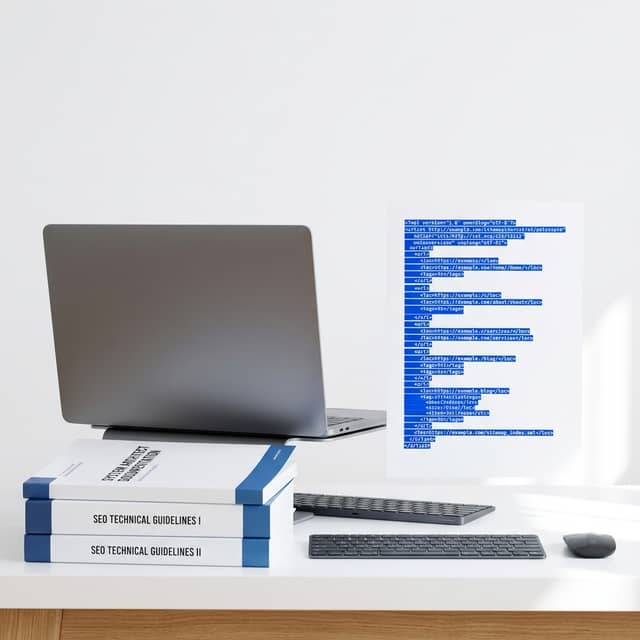 Technical documentation and laptop on white desk