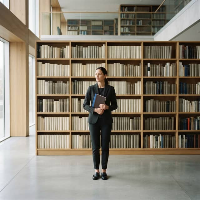 Professional selecting a reference book from a shelf