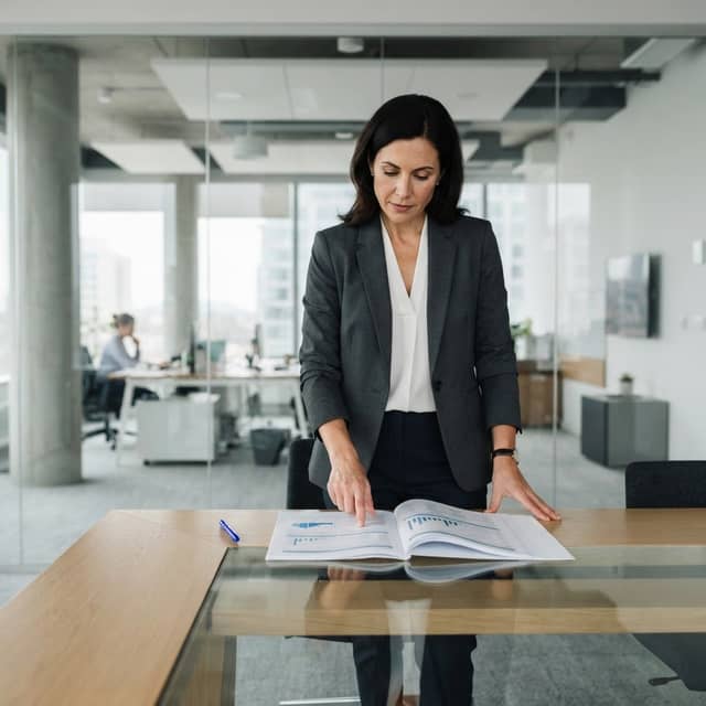 B2B strategist reviewing a content audit report in a modern office