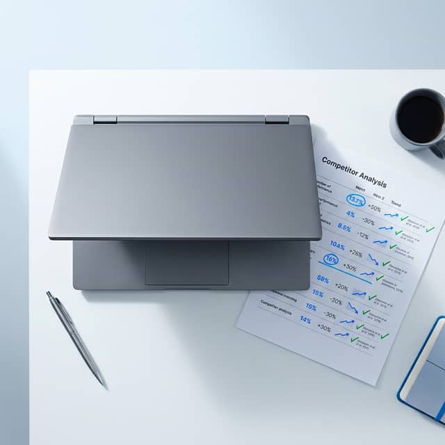 Laptop and competitor citation analysis on desk