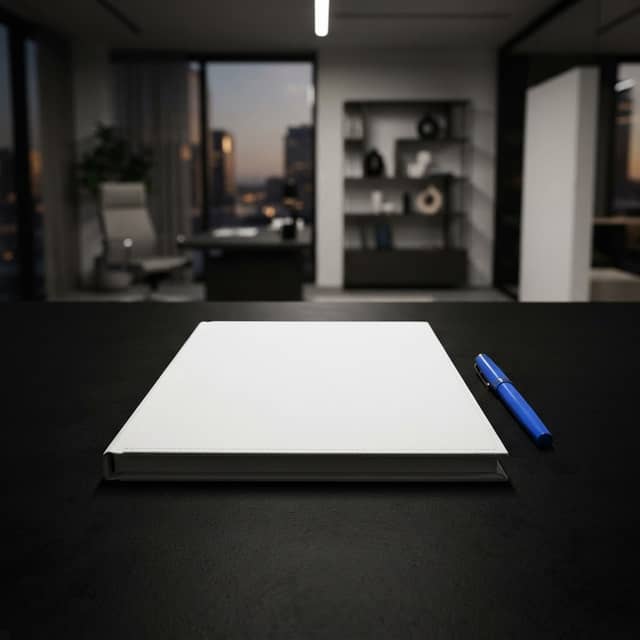White portfolio and electric blue pen on black desk