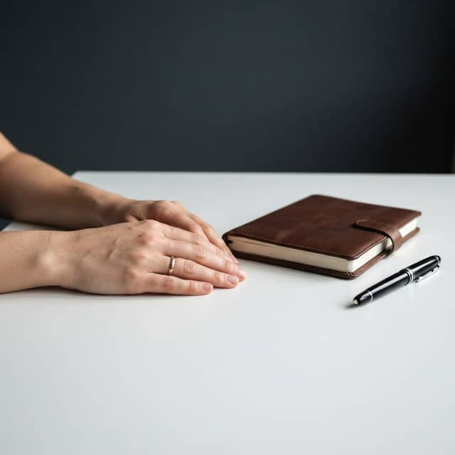 A clean desk with a leather planner and pen