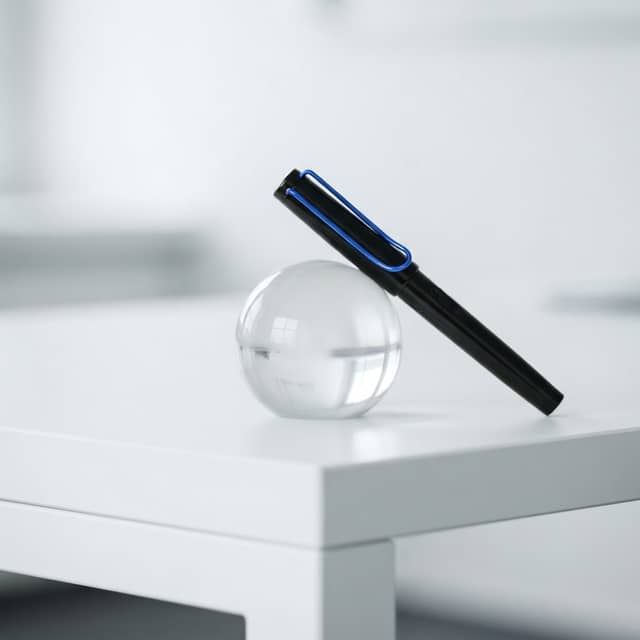 A single premium pen with a blue clip on a minimalist desk