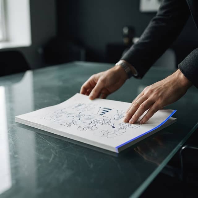 Professional hands reviewing a strategic business document