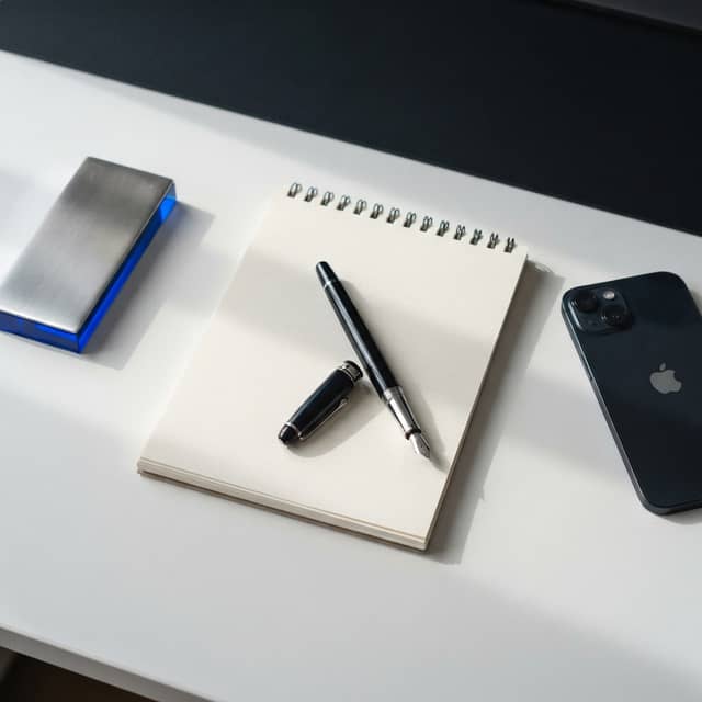 Minimalist desk setup with a notebook and face down phone