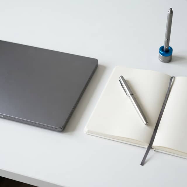 Professional desk workspace with a notebook and closed laptop