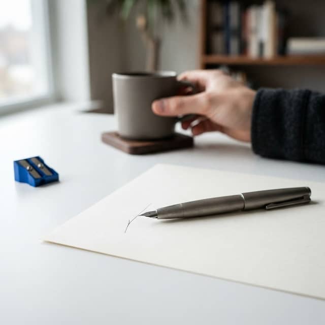 A minimalist desk setup with stationery and a pen