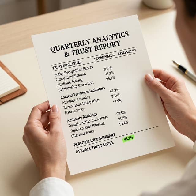 Trust signal metrics highlighted on printed analytics report
