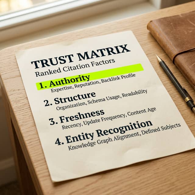 Printed trust signal matrix with highlighted ranking