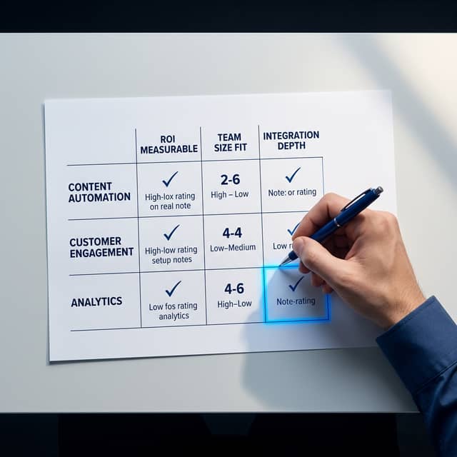 Hand evaluating AI workflow selection matrix on desk