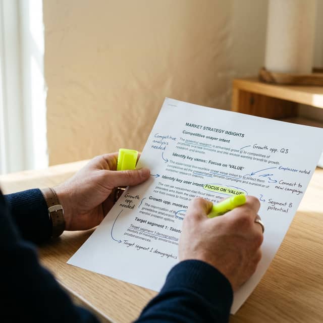 Marketing strategist annotating buyer research document
