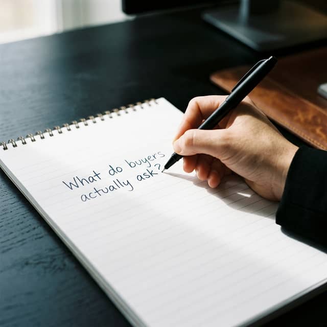 Close-up of hand writing buyer question on notepad
