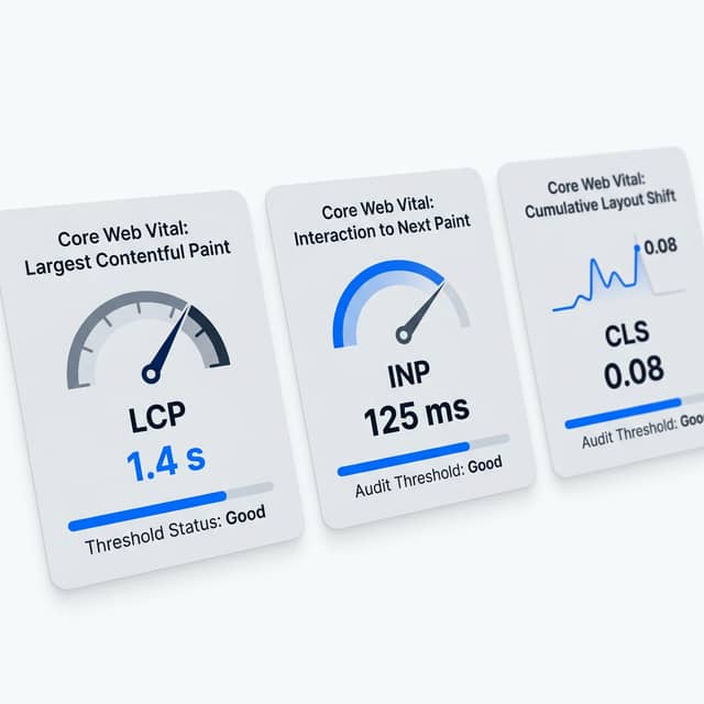 Core Web Vitals performance dashboard with LCP INP CLS metrics