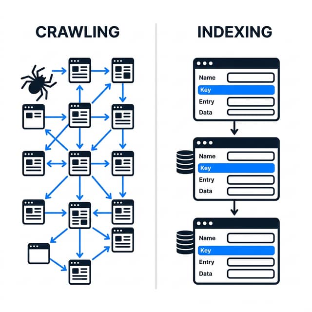 Crawling versus indexing side-by-side process diagram