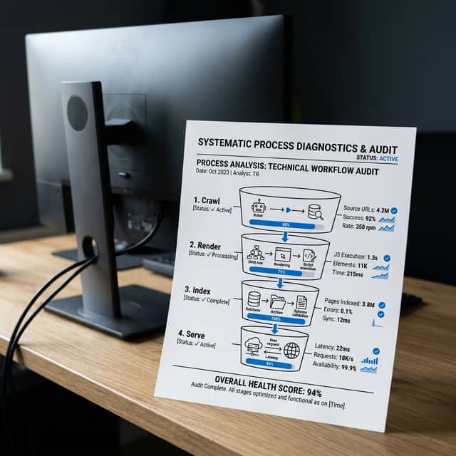 Indexed content funnel stages from crawl to serve