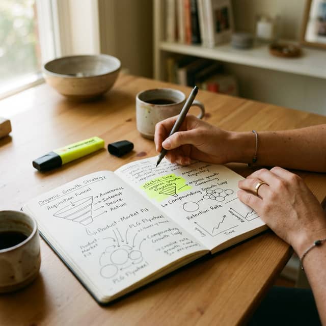 SaaS founder sketching organic growth strategy notes
