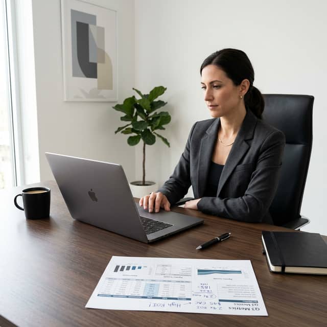 Marketing leader analyzing search ROI calculations at desk