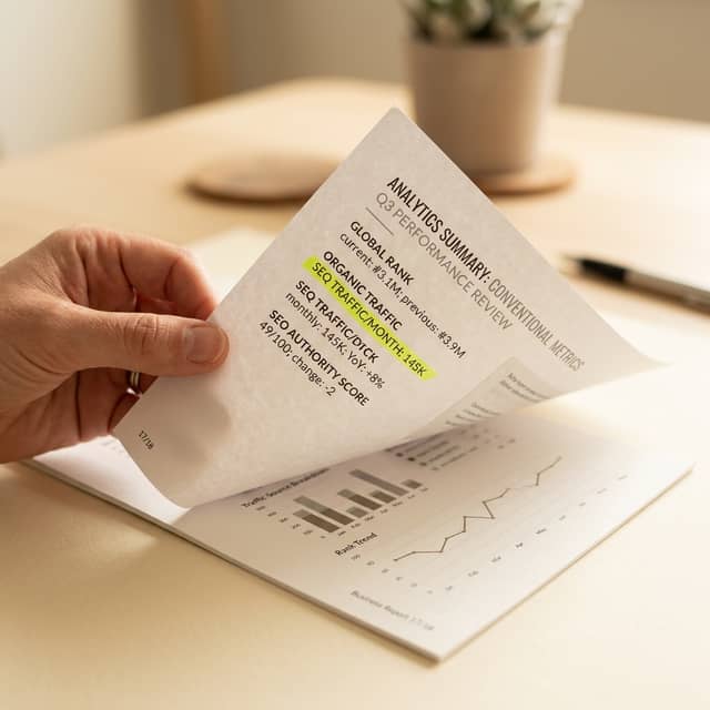 Hand examining outdated SEO analytics report with highlighted metric