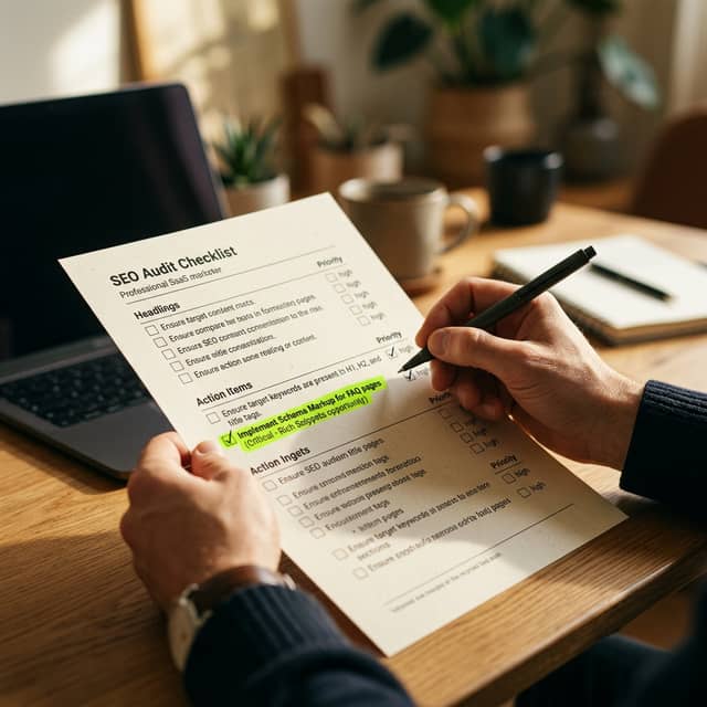 Hands marking priority items on SEO audit checklist