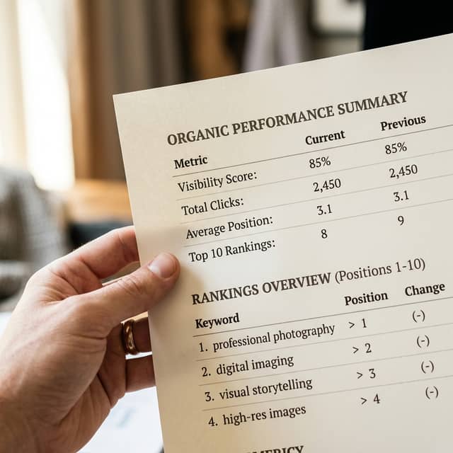 Hand holding printed SEO ranking report