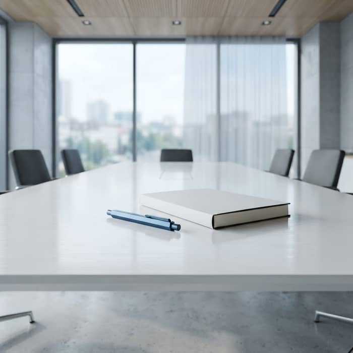 Strategic planning document with electric blue pen on white table
