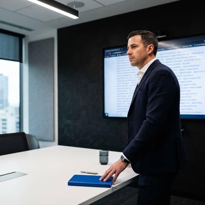 Marketing leader analyzing search strategy in a modern office