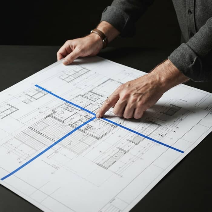 Professional architect reviewing technical structural blueprints