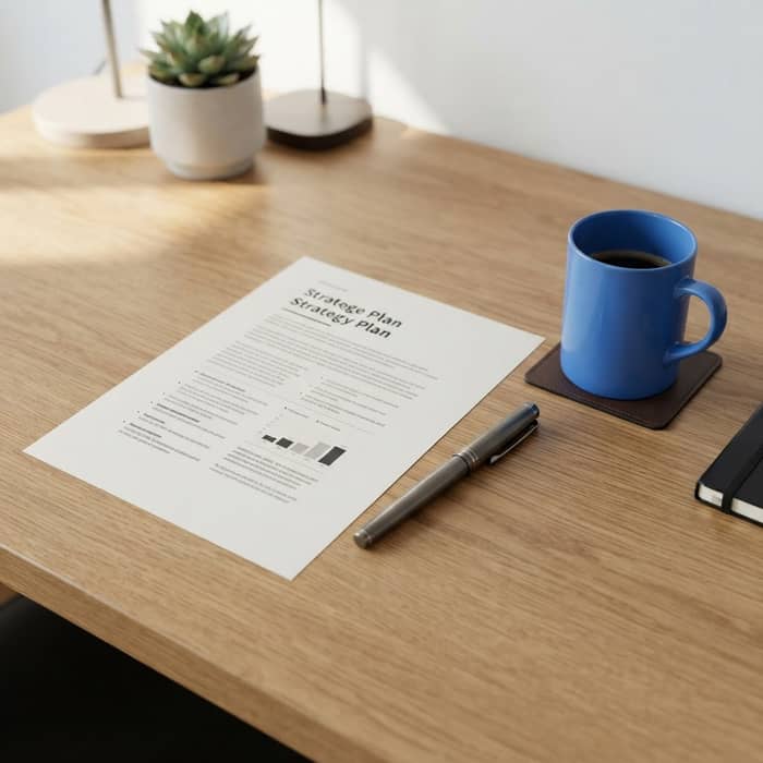 A crisp strategy document on a clean desk with a vibrant blue cup