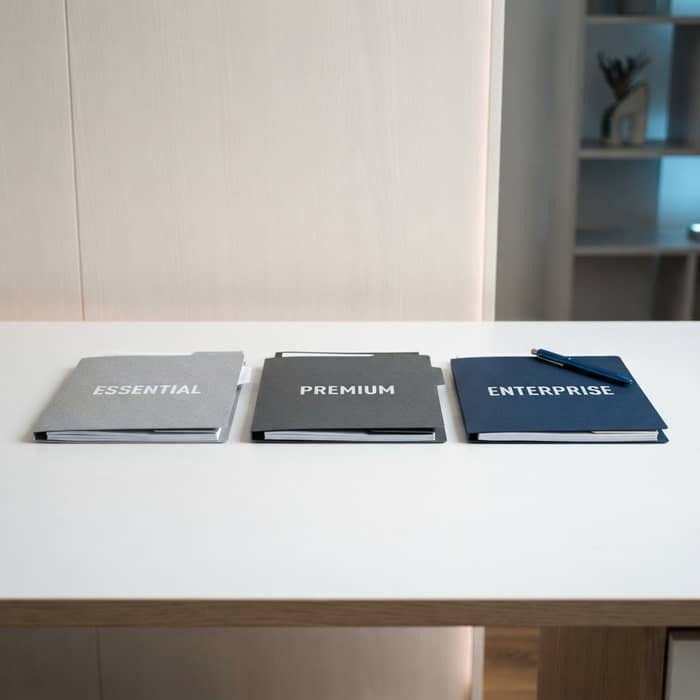 Three tiered pricing folders on a clean office desk