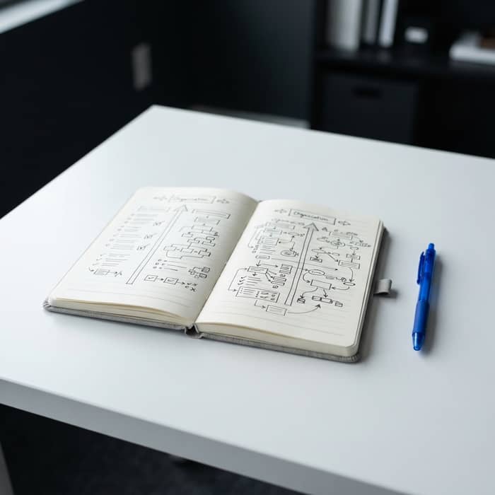 Professional desk setup with a contrast sketch of citations versus traffic