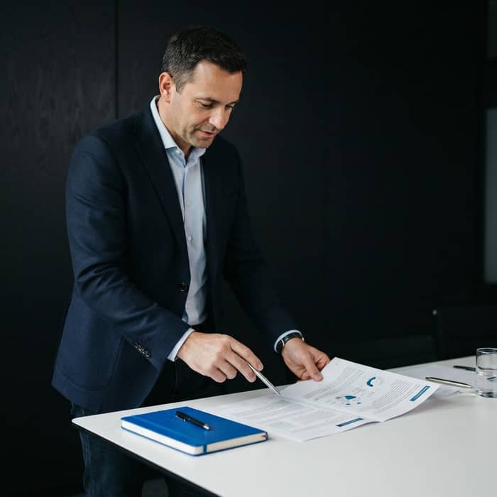 B2B strategist reviewing a professional document