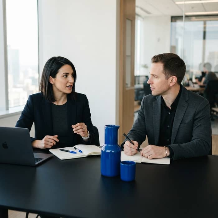 Two B2B professionals collaborating in a modern office