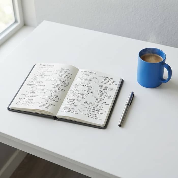 Clean desk setup with strategic notes and blue mug