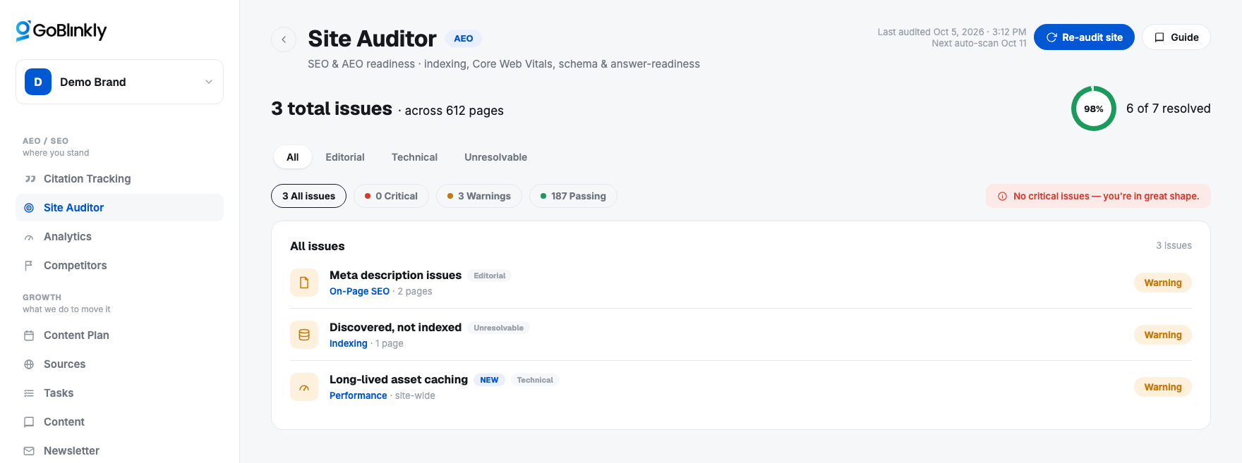 Site Auditor showing website issues sorted by severity